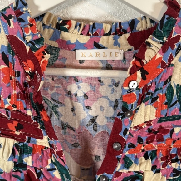 Karlie Floral Tiered Pin Tuck Ruffle Sleeve Linen Mini Dress Size Large - Picture 2 of 7